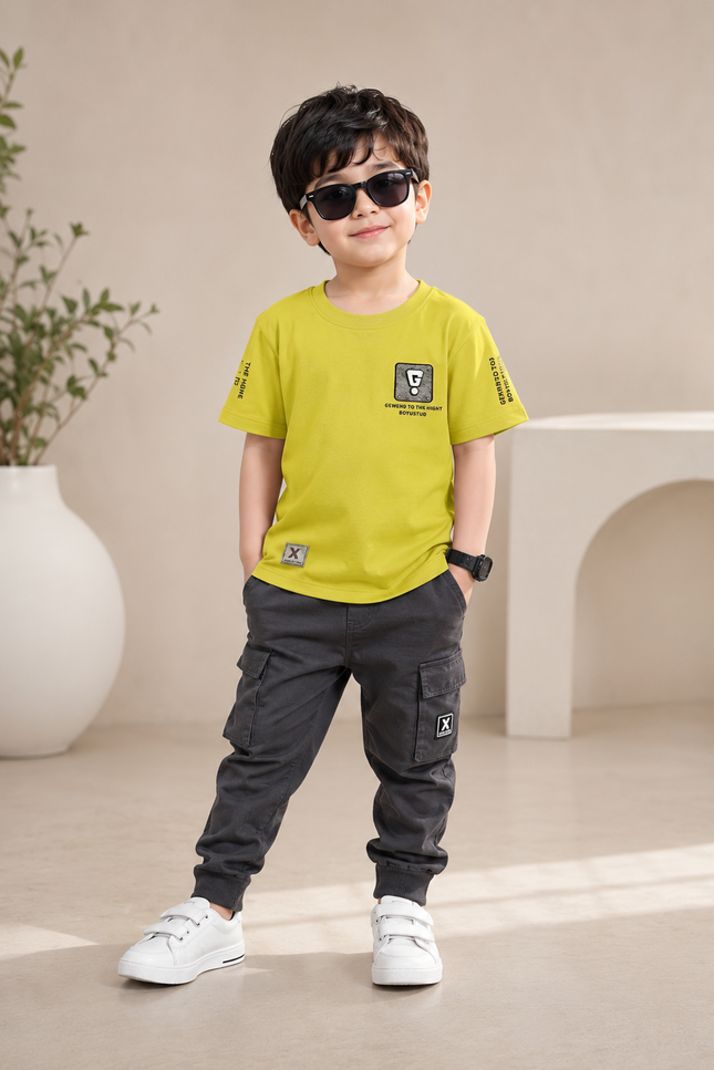 BOYS TSHIRT CODE-A127 Boys Graphic Printed Cotton Half Sleeve T-Shirt | Green & Beige | Casual Summer Wear (2-7 Years)