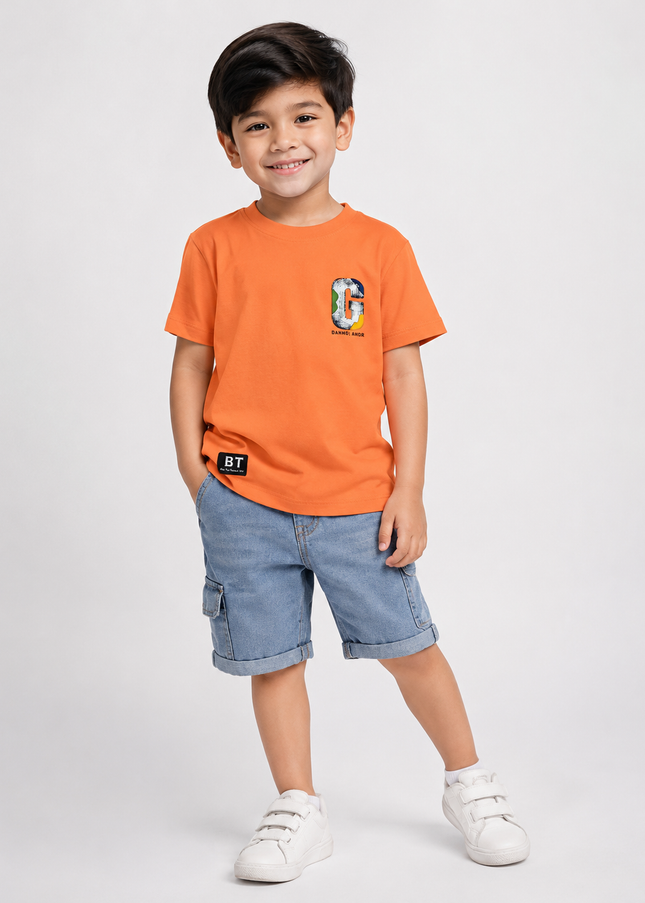 BOYS TSHIRT CODE-A128 Boys Orange Graphic Cotton T-Shirt | Half Sleeve Casual Kids Wear