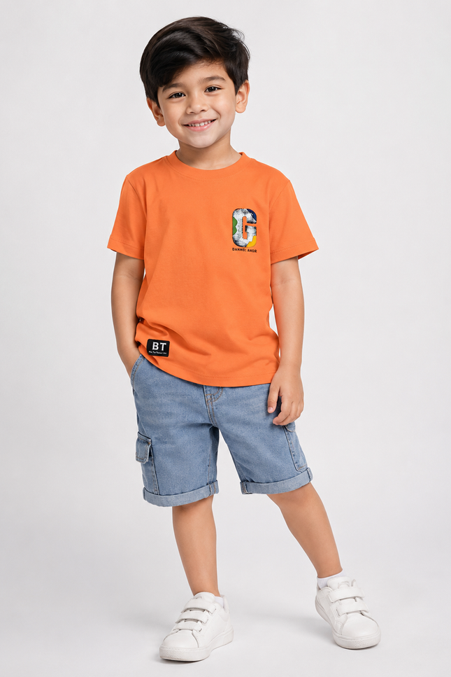 BOYS TSHIRT CODE-A128 Boys Orange Graphic Cotton T-Shirt | Half Sleeve Casual Kids Wear