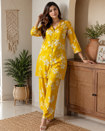 LADIES SET CODE-A130 Women's Mustard Yellow Floral Printed Kurti Pant Set | Soft Rayon Co-Ord Set