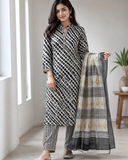 LADIES KURTI SET CODE-A117 Women's Grey Printed Kurta Pant Set with Dupatta | Ethnic Cotton Blend Suit Set