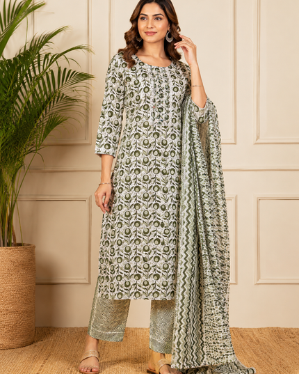 LADIES KURTI SET CODE-A118 Women's Green Printed Cotton Kurta Pant Dupatta Set | Ethnic 3-Piece Suit