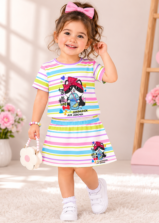 GIRLS CORDSET CODE-A67 He & She Girls Rainbow Stripe Printed Co-Ord Set | Cute Cartoon Top & Skirt Set for Girls
