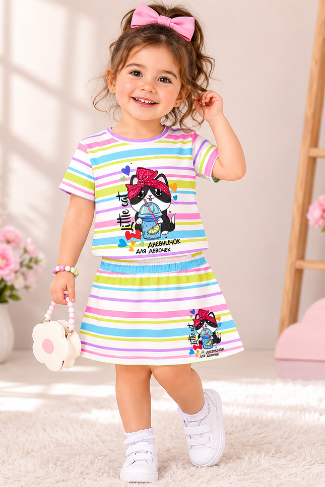 GIRLS CORDSET CODE-A67 He & She Girls Rainbow Stripe Printed Co-Ord Set | Cute Cartoon Top & Skirt Set for Girls