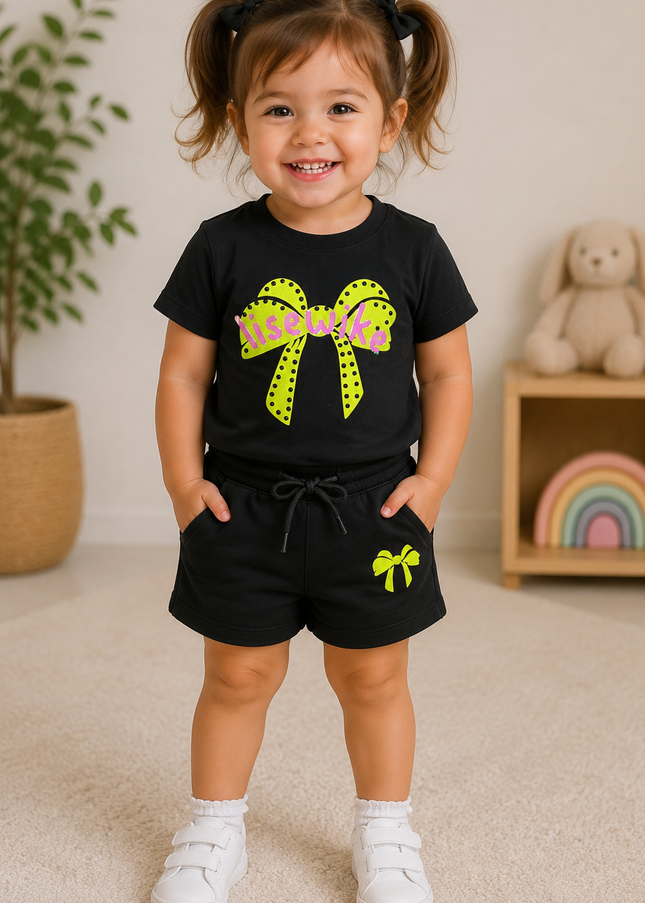 GIRLS CORDSET CODE-A68 He & She Girls Black Bow Print Co-Ord Set | Stylish T-Shirt & Shorts Set for Girls