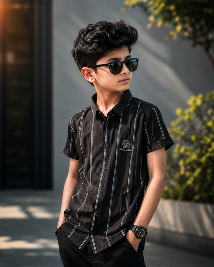 BOYS SHIRT CODE-A76 He and She Boys Black Vertical Stripe Half Sleeve Shirt | Stylish Casual Cotton Blend Shirt for Kids
