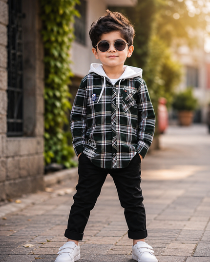 BOYS SHIRT CODE-A77 He & She Boys Green Checked Hooded Full Sleeve Cotton Shirt | Casual Fashion Shirt for Kids