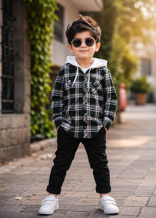 BOYS SHIRT CODE-A77 He & She Boys Green Checked Hooded Full Sleeve Cotton Shirt | Casual Fashion Shirt for Kids
