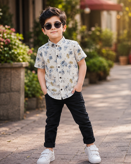 BOYS SHIRT CODE-A78 He & She Boys White Floral Printed Half Sleeve Casual Shirt | Stylish Summer Shirt for Kids