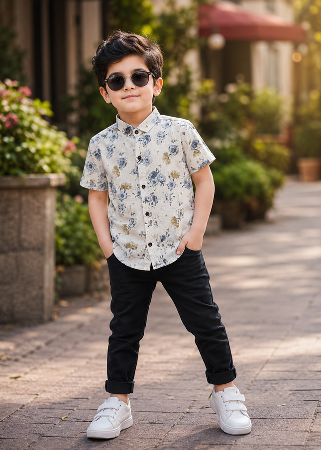 BOYS SHIRT CODE-A78 He & She Boys White Floral Printed Half Sleeve Casual Shirt | Stylish Summer Shirt for Kids
