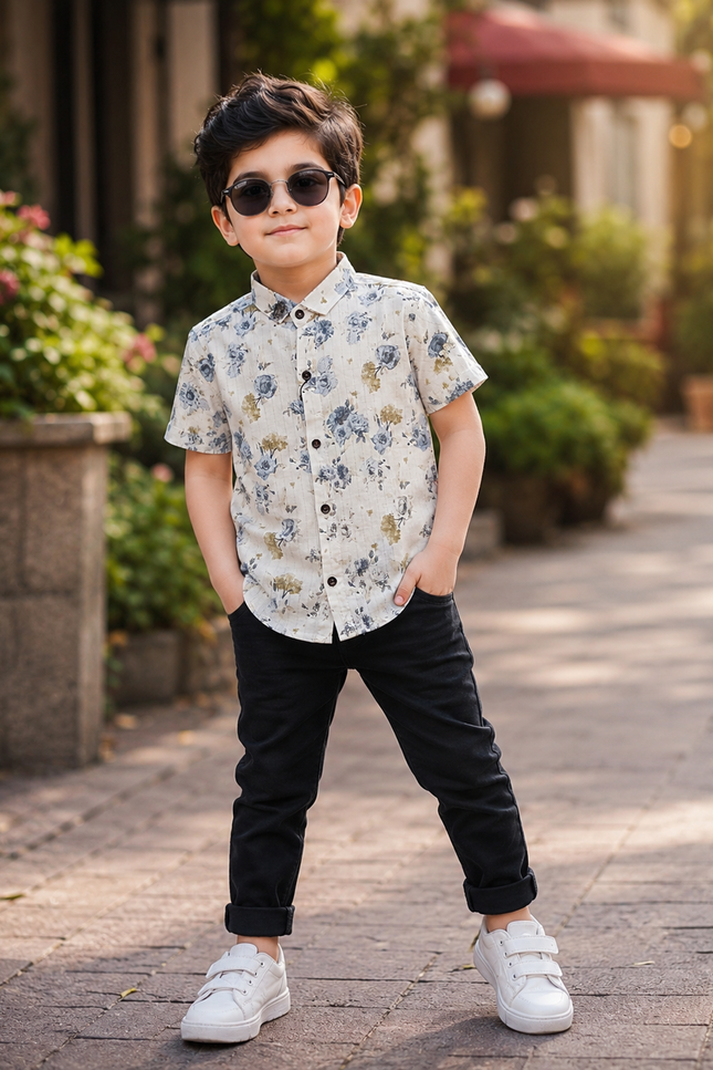 BOYS SHIRT CODE-A78 He & She Boys White Floral Printed Half Sleeve Casual Shirt | Stylish Summer Shirt for Kids