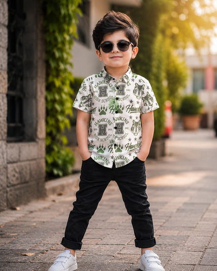 BOYS SHIRT CODE-A79 He & She Boys White & Olive Green Printed Casual Cotton Shirt