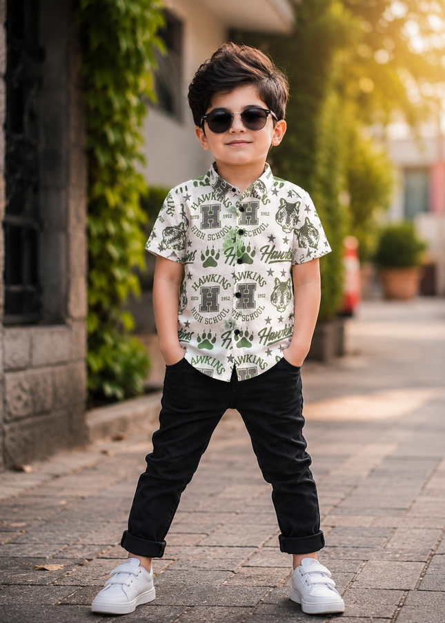 BOYS SHIRT CODE-A79 He & She Boys White & Olive Green Printed Casual Cotton Shirt