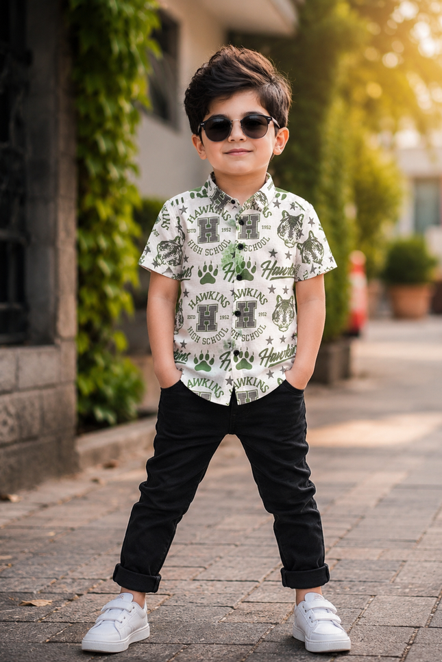 BOYS SHIRT CODE-A79 He & She Boys White & Olive Green Printed Casual Cotton Shirt