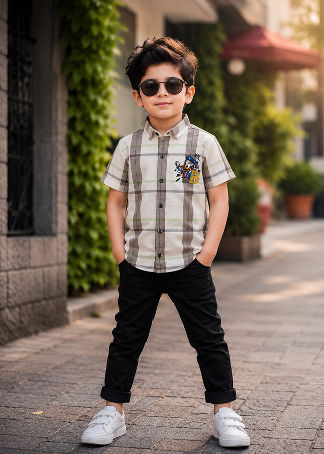 BOYS SHIRT CODE-A80 He & She Boys White & Olive Green Printed Casual Shirt | Half Sleeve Cotton Blend Shirt for Kids