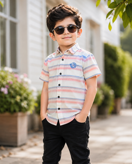 BOYS SHIRT CODE-A81 He & She Boys White, Peach & Blue Striped Casual Shirt | Half Sleeve Cotton Shirt for Kids