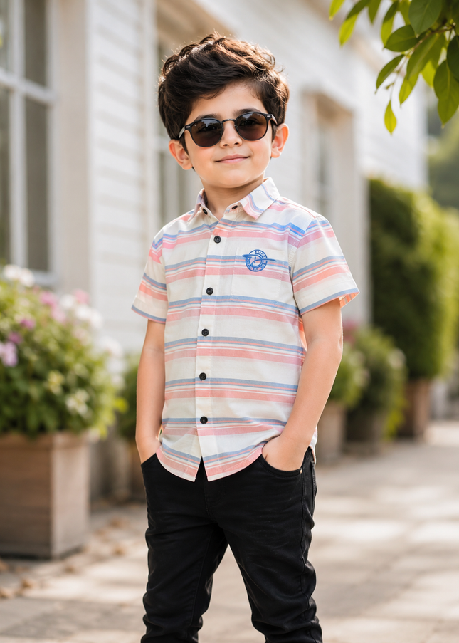 BOYS SHIRT CODE-A81 He & She Boys White, Peach & Blue Striped Casual Shirt | Half Sleeve Cotton Shirt for Kids