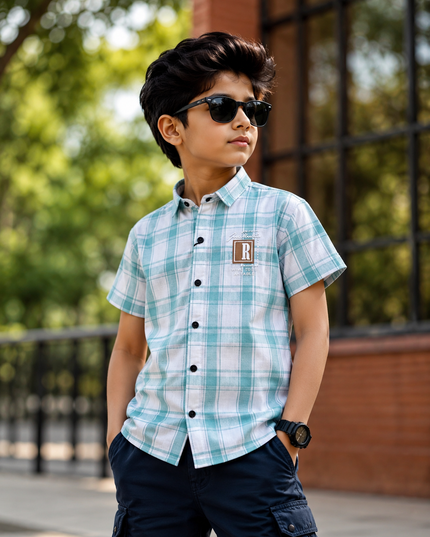 BOYS SHIRT CODE-A83 He & She Boys Mint Green Checked Half Sleeve Casual Shirt | Stylish Kids Cotton Blend Shirt