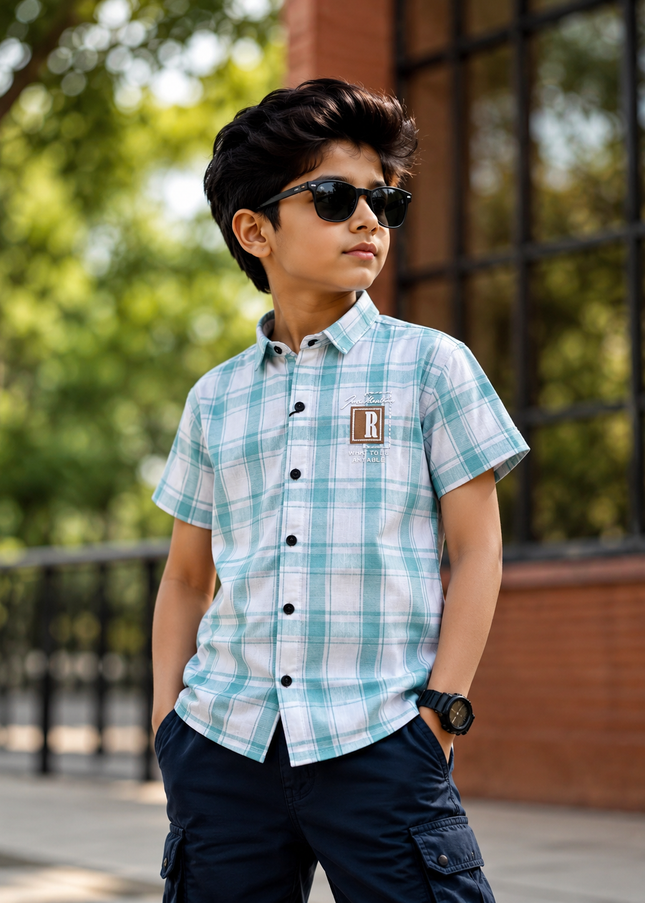 BOYS SHIRT CODE-A83 He & She Boys Mint Green Checked Half Sleeve Casual Shirt | Stylish Kids Cotton Blend Shirt