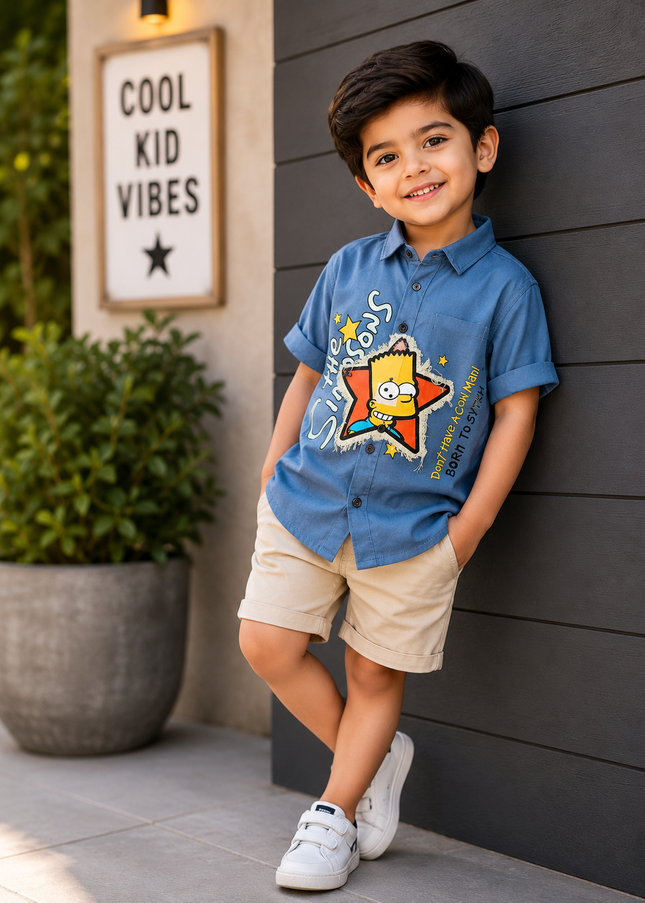 BOYS SHIRT CODE-A85 He And She Boys Blue Cartoon Print Casual Half Sleeve Shirt