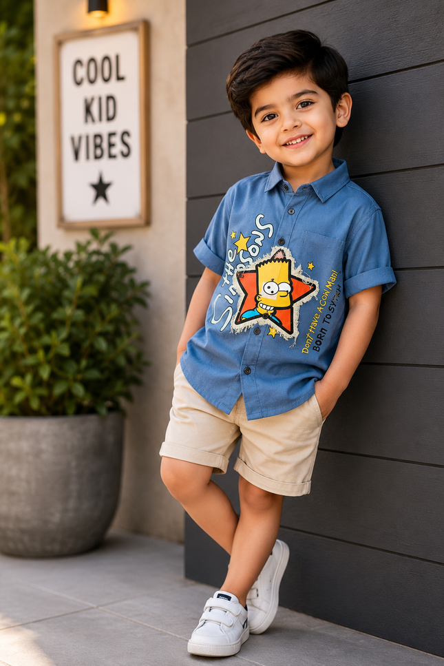 BOYS SHIRT CODE-A85 He And She Boys Blue Cartoon Print Casual Half Sleeve Shirt