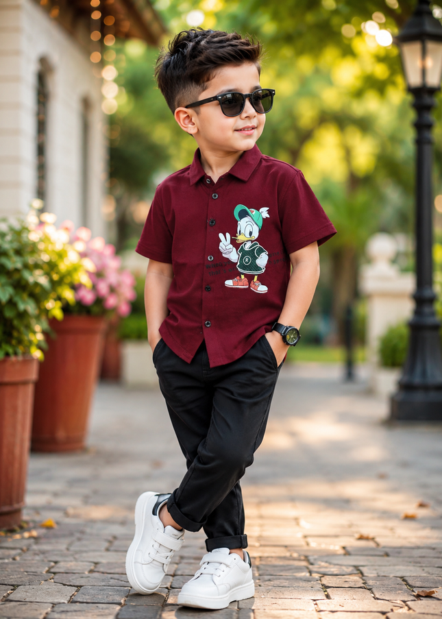 BOYS SHIRT CODE-A86 He And She Boys Maroon Cartoon Print Half Sleeve Casual Shirt
