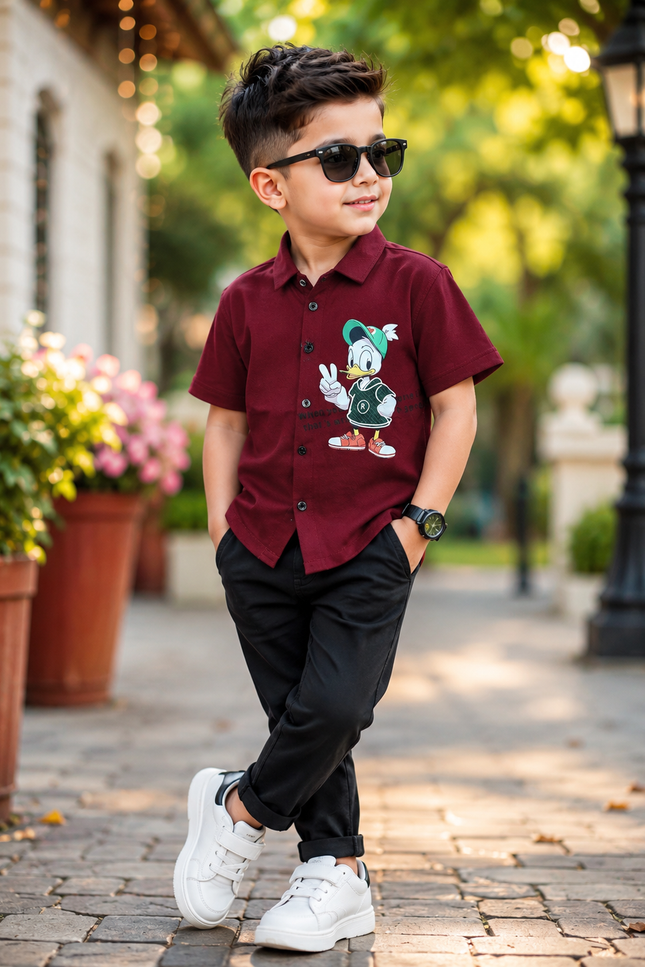 BOYS SHIRT CODE-A86 He And She Boys Maroon Cartoon Print Half Sleeve Casual Shirt
