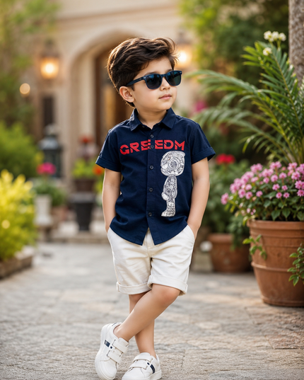 BOYS SHIRT CODE-A87 He And She Boys Navy Blue Printed Casual Shirt | Half Sleeve Robot Graphic Shirt for Kids