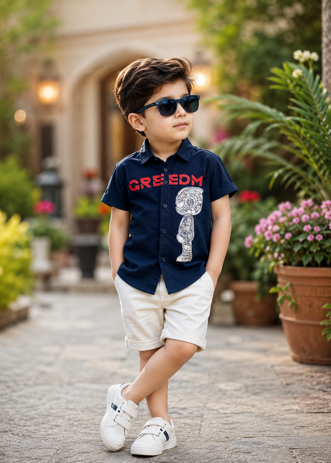 BOYS SHIRT CODE-A87 He And She Boys Navy Blue Printed Casual Shirt | Half Sleeve Robot Graphic Shirt for Kids