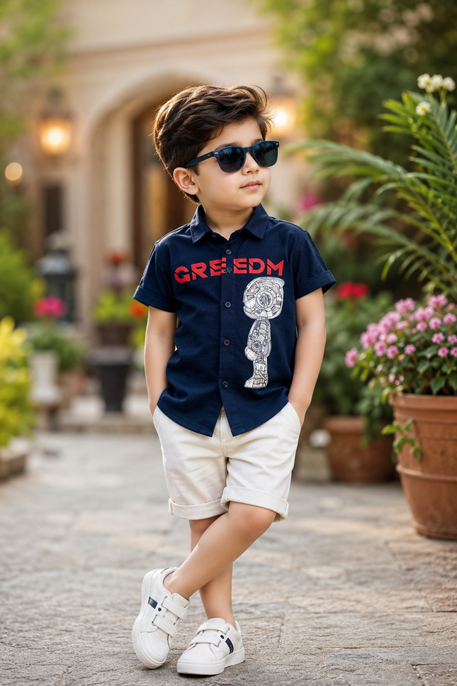BOYS SHIRT CODE-A87 He And She Boys Navy Blue Printed Casual Shirt | Half Sleeve Robot Graphic Shirt for Kids