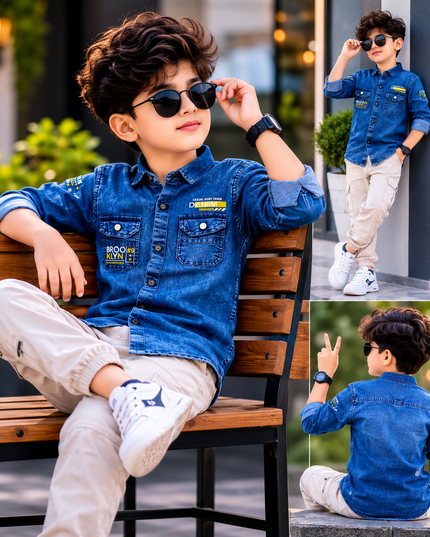 BOYS SHIRT CODE-A74 He and She Boys Denim Shirt | Full Sleeve Casual Cotton Blend Shirt for Kids | Stylish Blue Denim Look