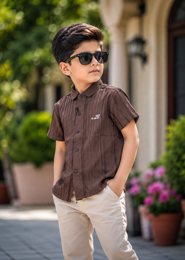 BOYS SHIRT CODE-A75 He and She Boys Brown Textured Half Sleeve Premium Shirt