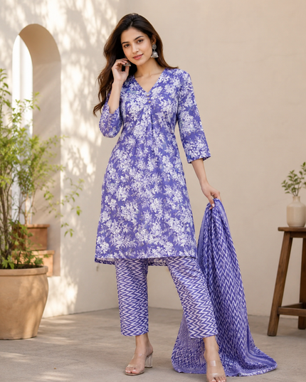 LADIES  DRESS CODE-A60 He And She Women's Lavender Floral Printed Kurti Set with Printed Pants & Dupatta