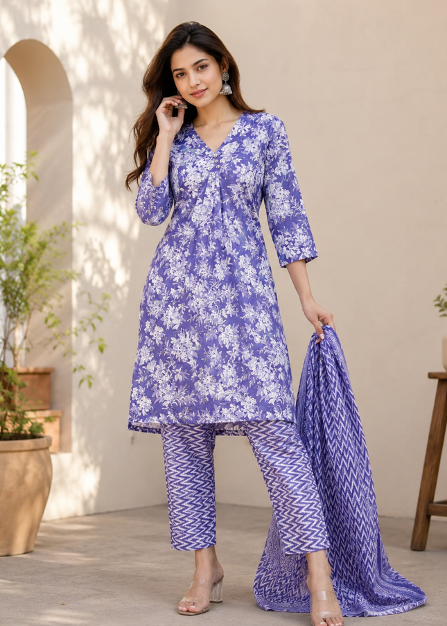 LADIES  DRESS CODE-A60 He And She Women's Lavender Floral Printed Kurti Set with Printed Pants & Dupatta