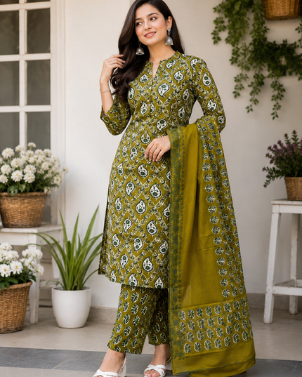 LADIES DRESS CODE-A62 He & She Women's Olive Green Printed Kurti Pant Dupatta Set | Elegant Ethnic Wear for Women