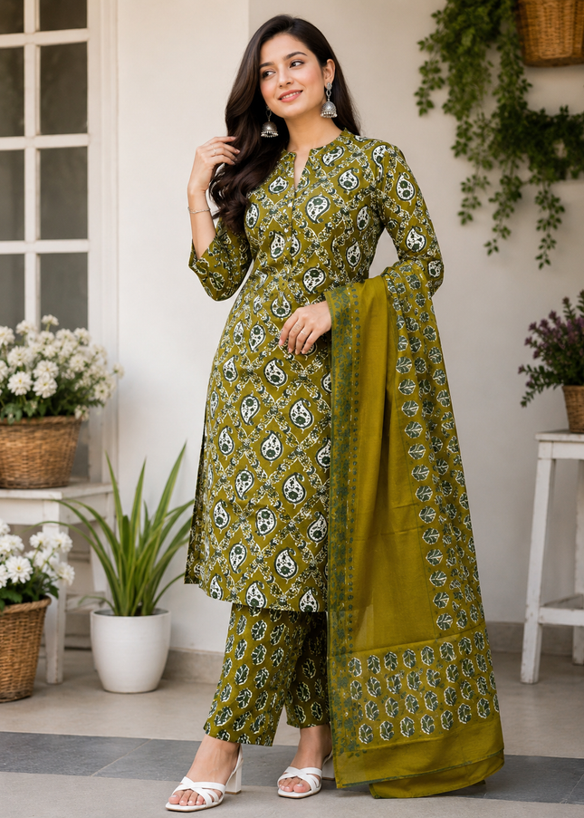 LADIES DRESS CODE-A62 He & She Women's Olive Green Printed Kurti Pant Dupatta Set | Elegant Ethnic Wear for Women
