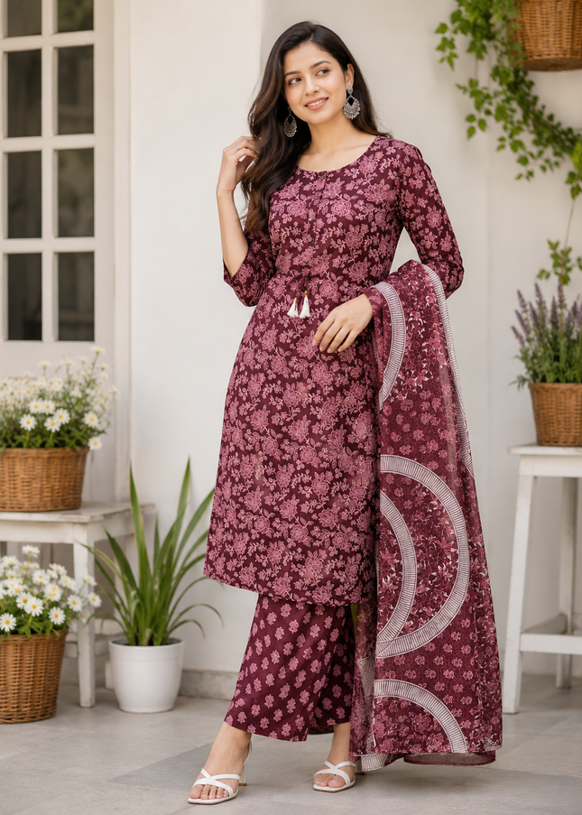 LADIES DRESS CODE-A63 He & She Women's Maroon Floral Printed Kurti Pant Dupatta Set | Elegant Ethnic Wear for Women