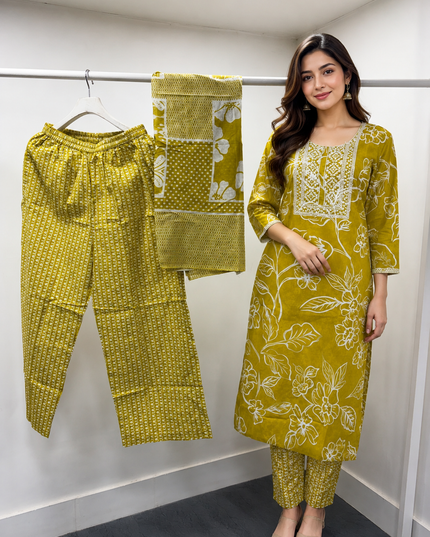 LADIES DRESS CODE-A61  He & She Women's Mustard Yellow Floral Printed Cotton Kurti Set with Pant & Dupatta