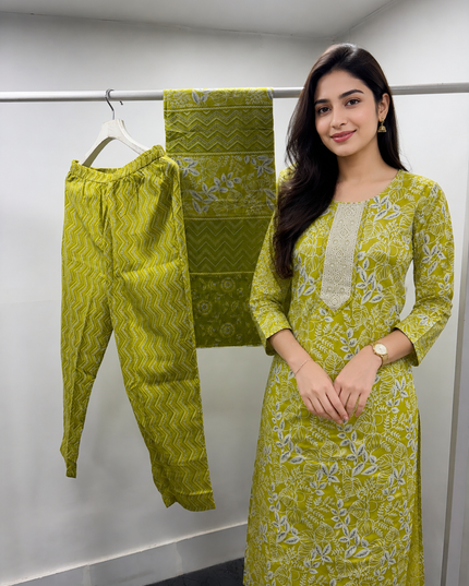He And She Women's Olive Green Printed Cotton Kurti Set with Dupatta | Ethnic Wear for Women