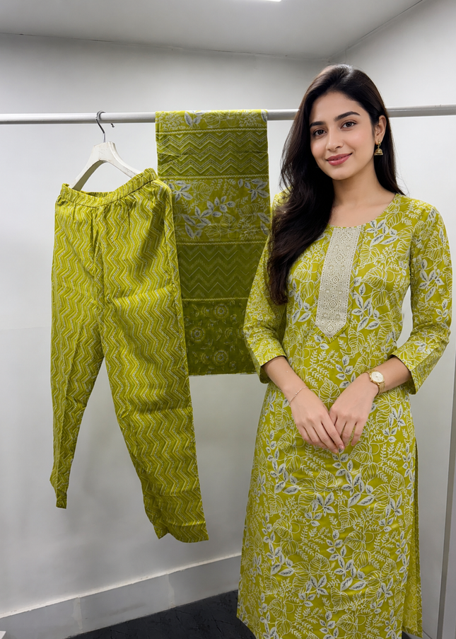 He And She Women's Olive Green Printed Cotton Kurti Set with Dupatta | Ethnic Wear for Women