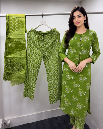 LADIES DRESS CODE-A59 He And She Women's Green Floral Printed Kurti Set with Pant & Dupatta | Stylish Ethnic Wear for Women