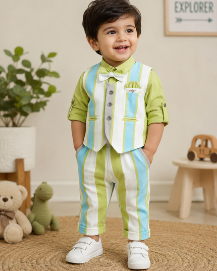 BOYS SET CODE-B68 He And She Boys Premium 3-Piece Western Wear Set with Shirt, Waistcoat, Bow Tie & Striped Pants