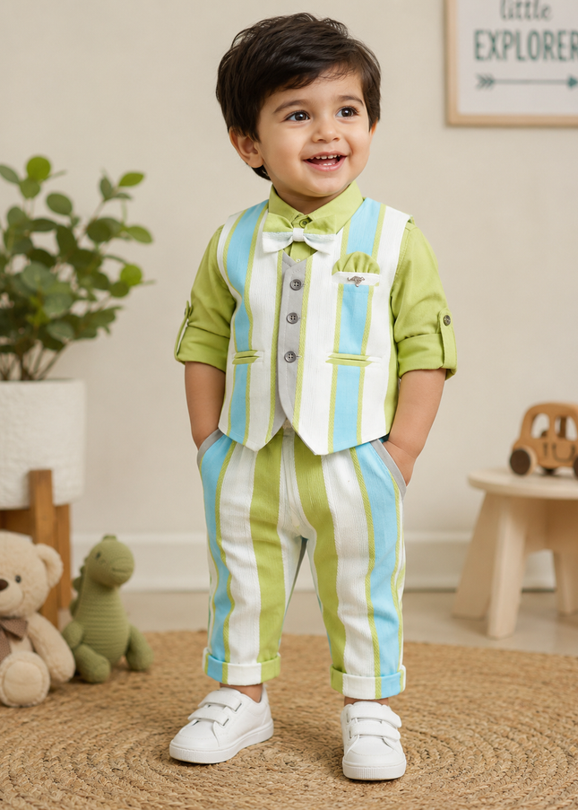 BOYS SET CODE-B68 He And She Boys Premium 3-Piece Western Wear Set with Shirt, Waistcoat, Bow Tie & Striped Pants