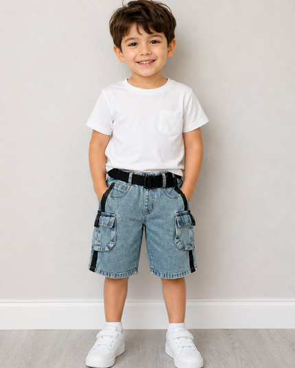 BOYS CAPRY CODE-B69 He and She Boys Denim Cargo Capri with Adjustable Belt | Stylish Casual Capri Shorts for Kids