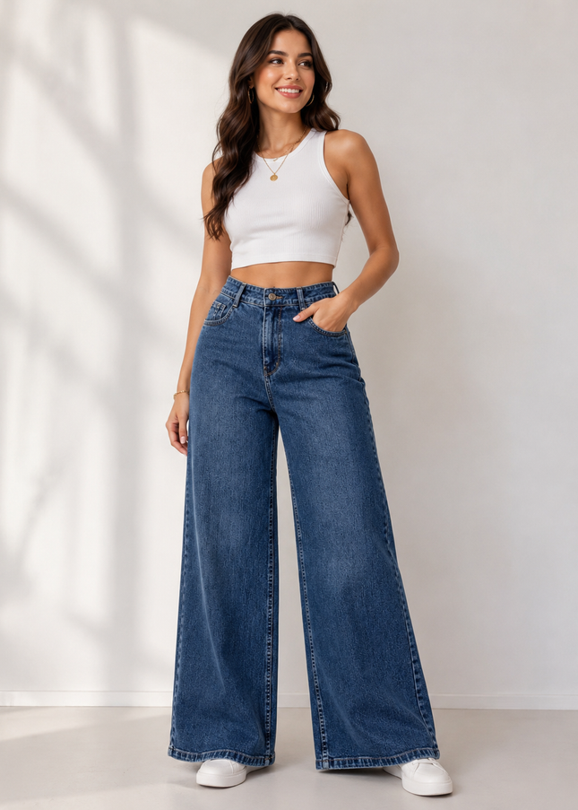 LADIES JEANS CODE-B72 He and She Women's High Waist Wide Leg Denim Jeans | Blue Casual Fit Jeans