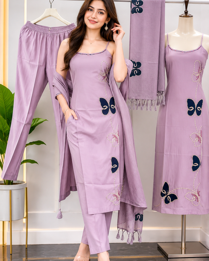 LADIES DRESS CODE-A49 He And She Women's Lavender Embroidered Kurti Pant Set with Dupatta