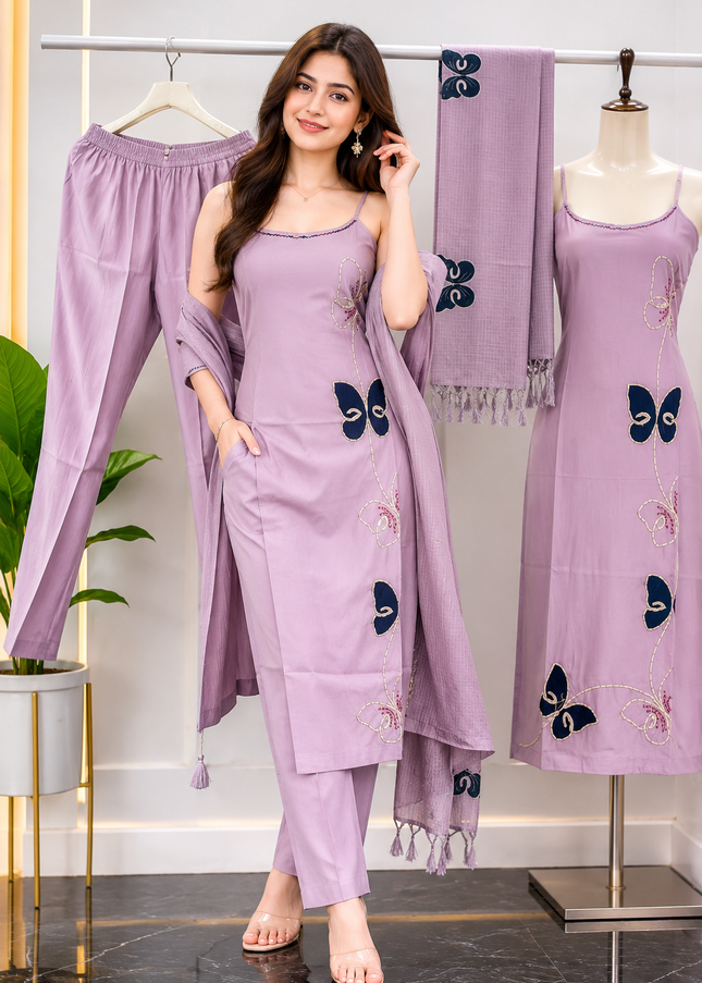 LADIES DRESS CODE-A49 He And She Women's Lavender Embroidered Kurti Pant Set with Dupatta