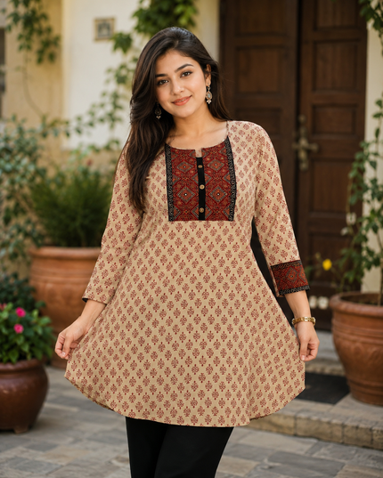 LADIES TWINIC CODE-A52 He And She Women's Beige Printed Cotton Kurti with Ethnic Yoke Design