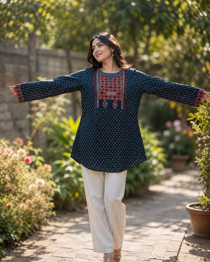 LADIES TWINIC CODE-A53 He and She Girls Navy Blue Ethnic Printed Tunic | Stylish Casual & Festive Wear for Girls