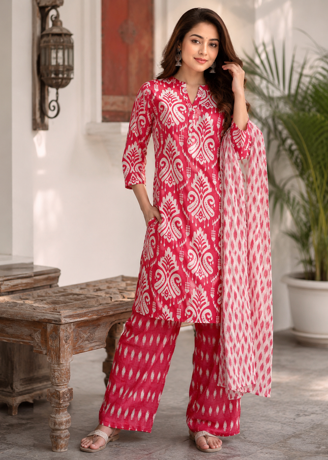 LADIES KURTI SET CODE-A55 He and She Girls Pink Printed Kurti Set with Palazzo & Dupatta | Ethnic Wear for Girls